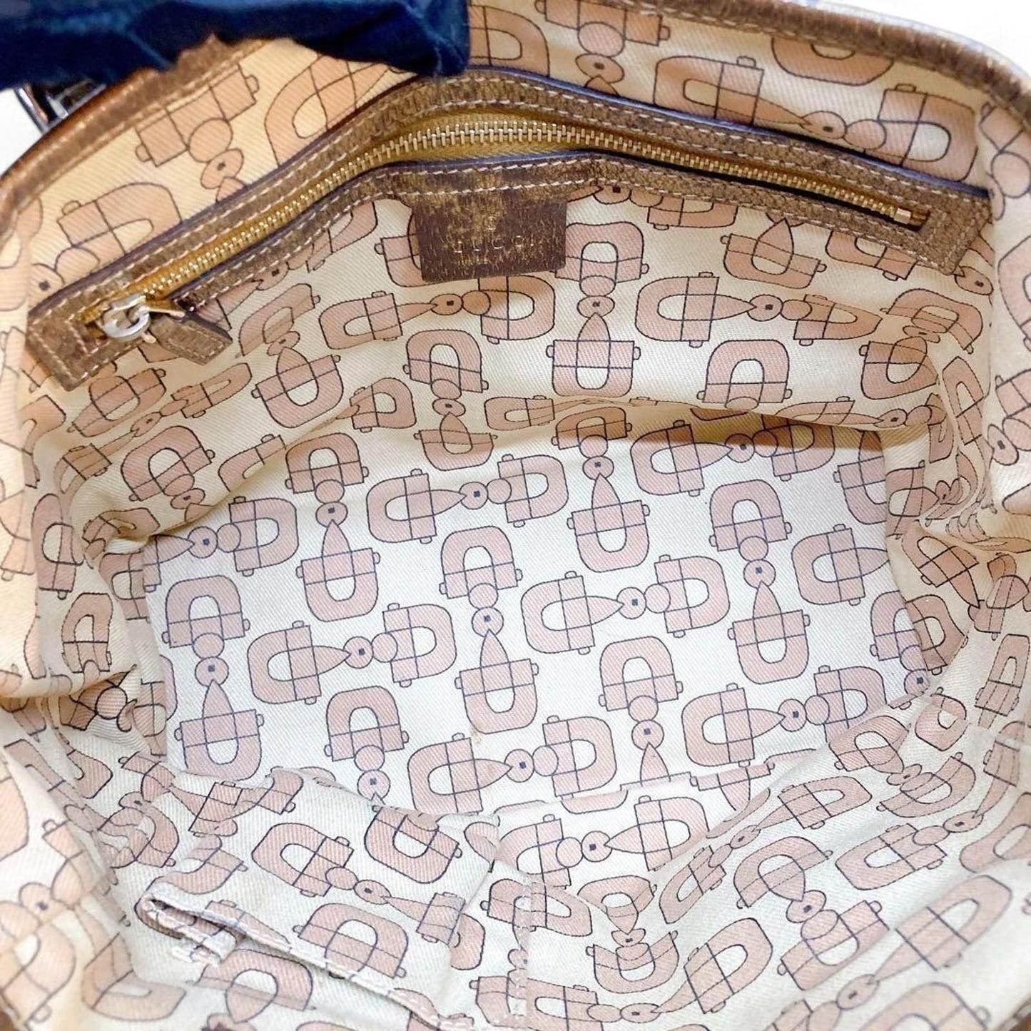 Gucci - Beige Monogram Canvas Handbag with Gold Accents