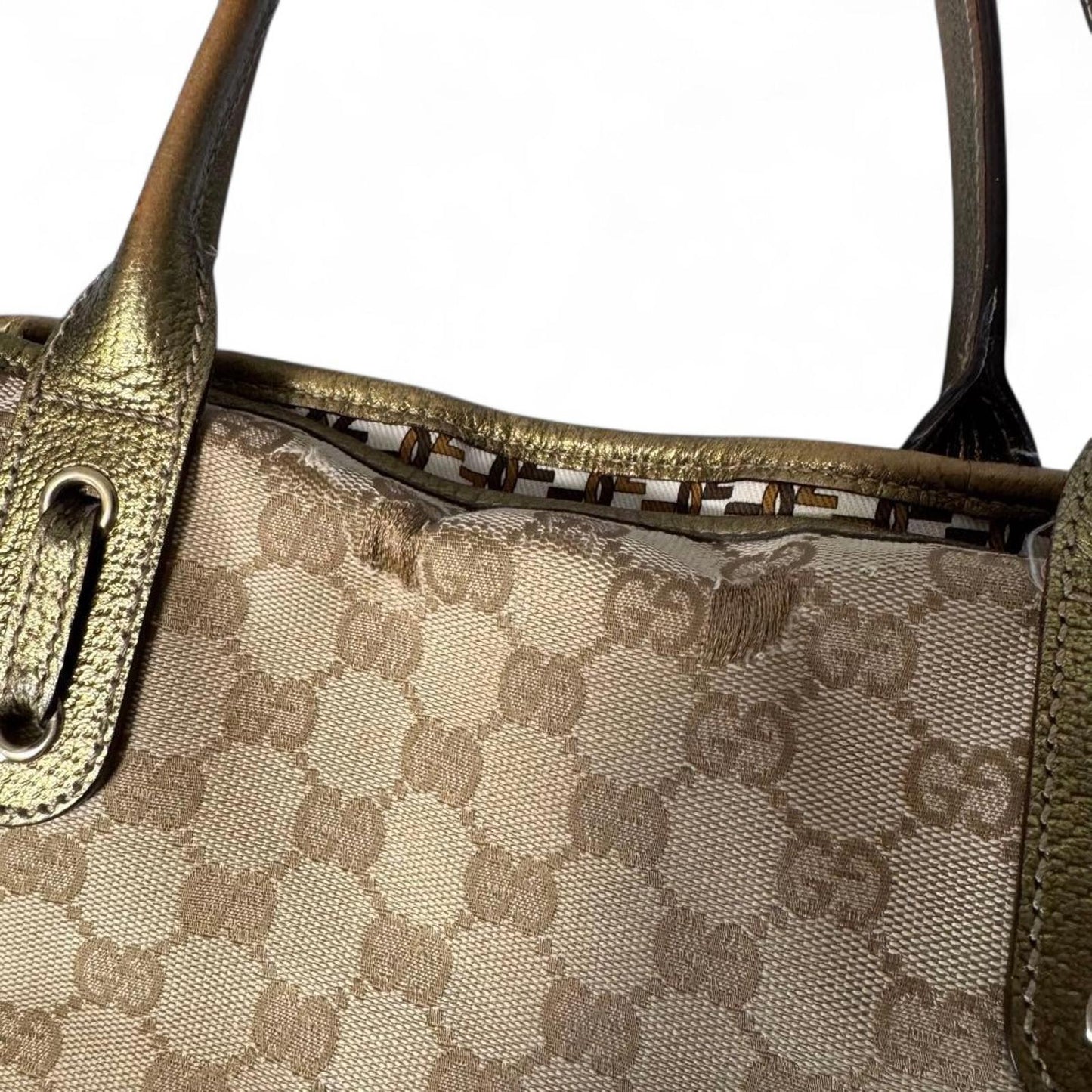 Gucci - Beige Monogram Canvas Handbag with Gold Leather Trim