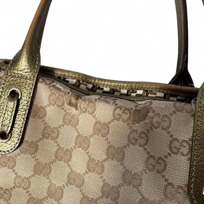 Gucci - Beige Monogram Canvas Handbag with Gold Leather Trim