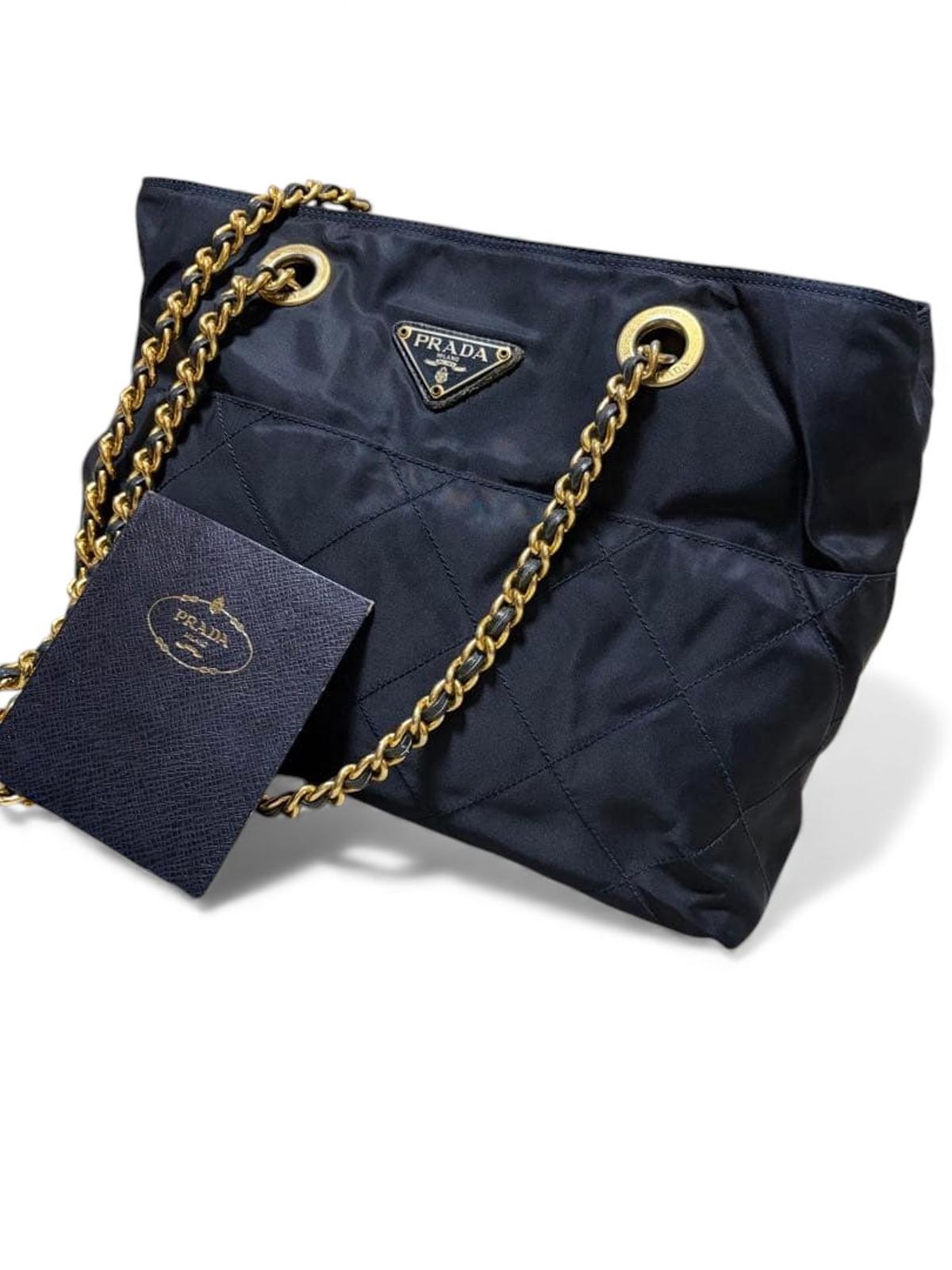 Prada - Black Nylon Shoulder Bag with Gold Chain Straps