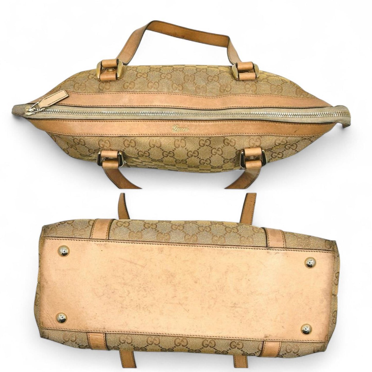 Gucci - Beige GG Canvas Tote Bag with Leather Trim