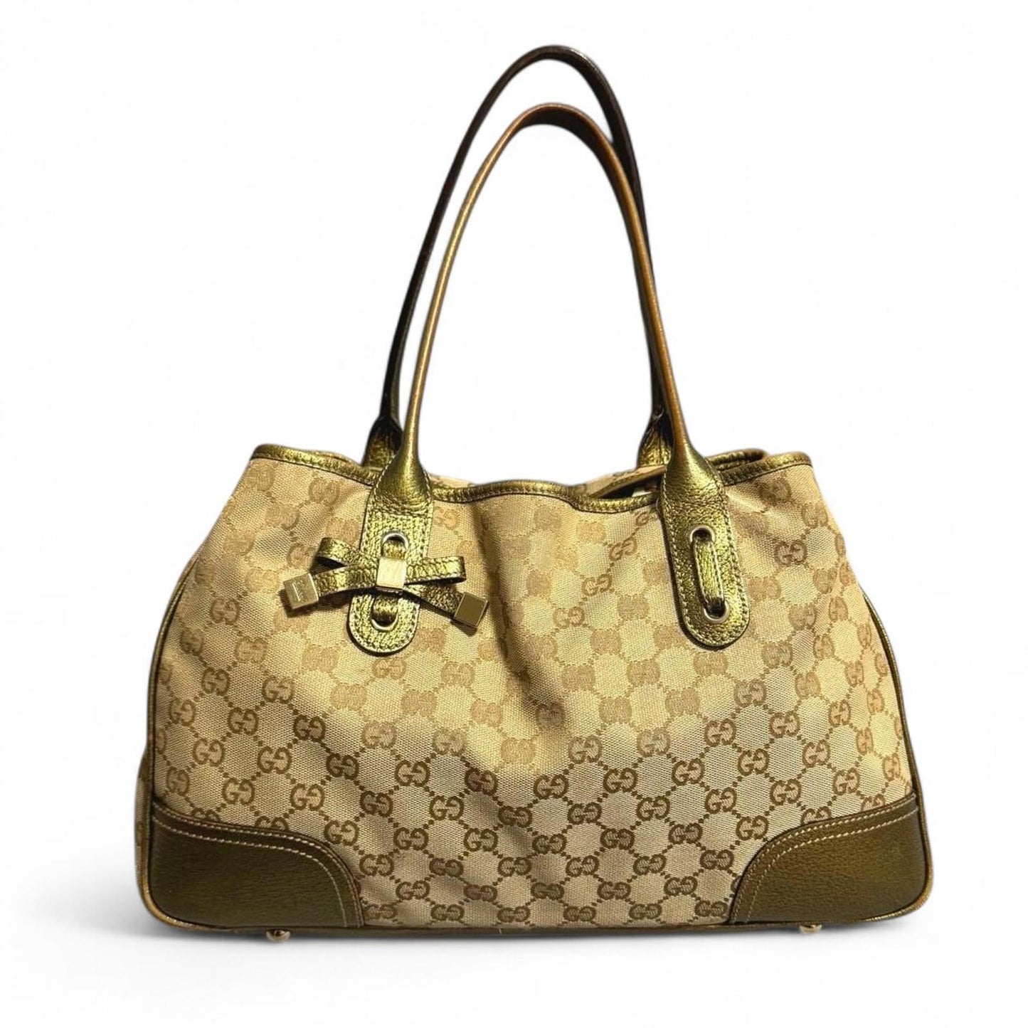 Gucci - Beige Monogram Canvas Handbag with Gold Leather Trim