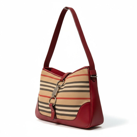 Burberry - Red and Beige Striped Leather Shoulder Bag