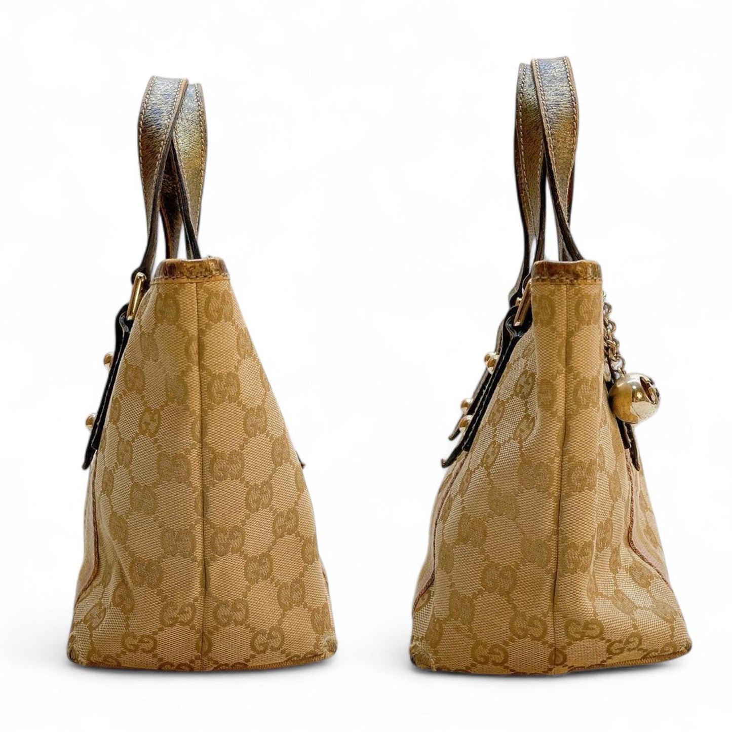 Gucci - Beige Monogram Canvas Handbag with Gold Accents