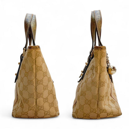 Gucci - Beige Monogram Canvas Handbag with Gold Accents
