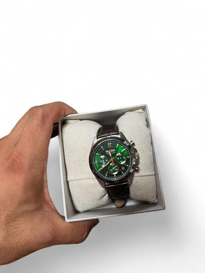 Seiko - Chronograph Watch Green Dial Brown Leather Strap