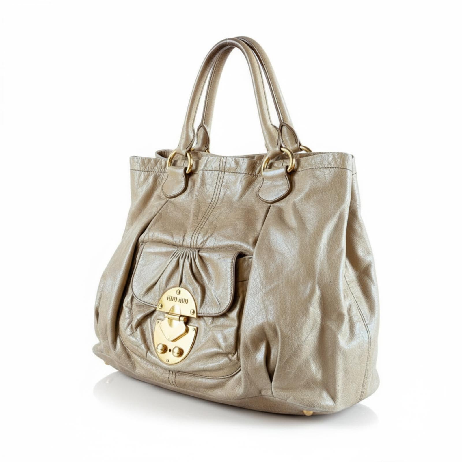 Miu Miu - Beige Leather Tote Bag Gold Hardware