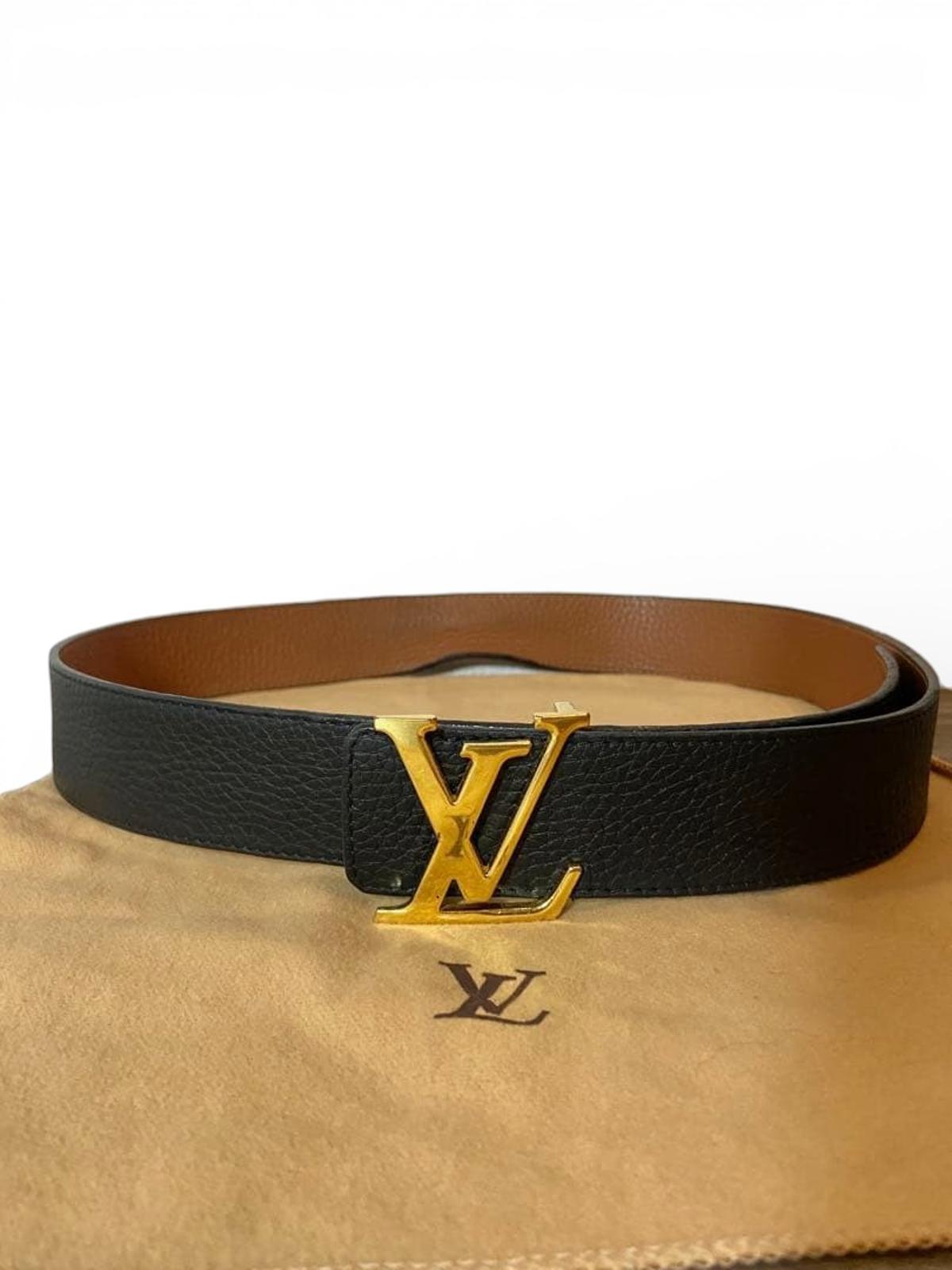 Louis Vuitton - Black and Brown Leather Belt with Gold LV