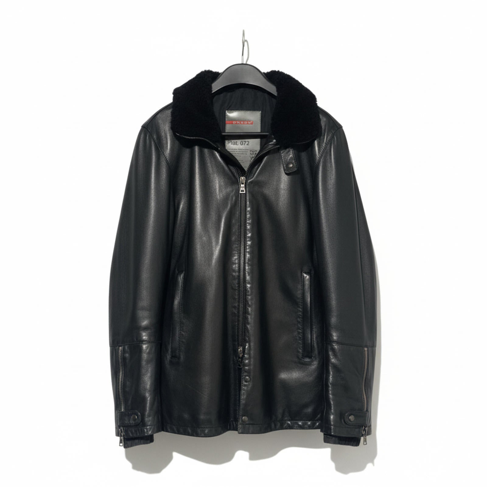 Prada - Black Leather Jacket with Shearling Collar